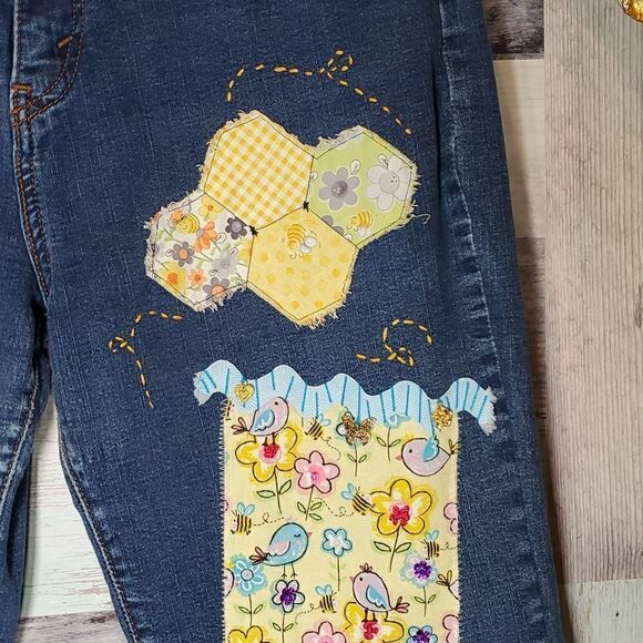 Upcycled Levi's Mushrooms Birds Florals Lace Hand Stitched Jeans Sz 14 1023 - Picture 5 of 12